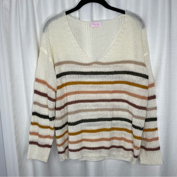Pink Lily Sweaters - Pink Lily V-Neck Striped Sweater